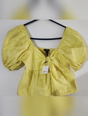 Forever 21 Yellow Tie-Front Puff Sleeve Crop Top